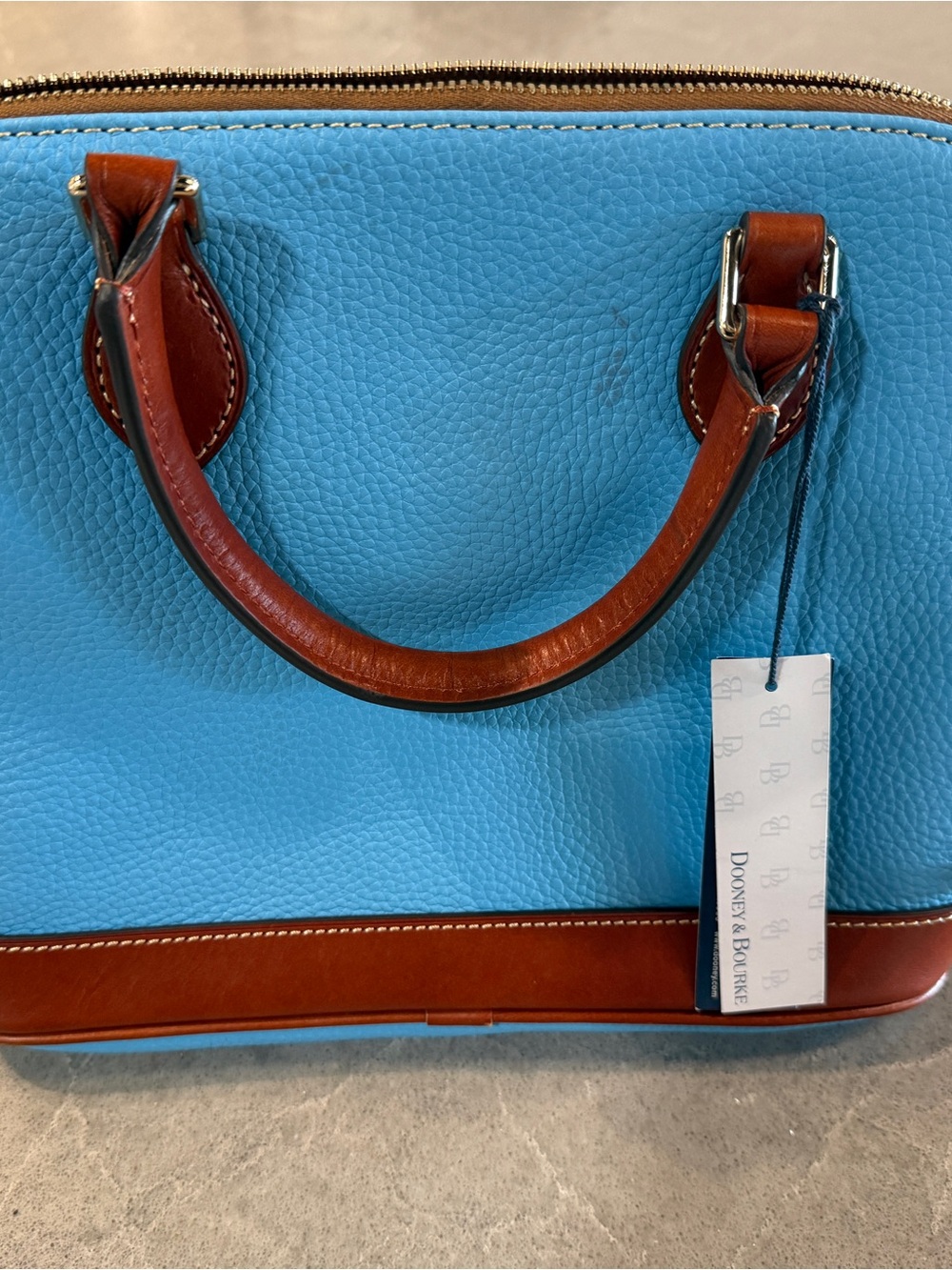 Dooney & Bourke Sky Blue Pebble Leather Satchel with Brown Trim and Handles NWT - Picture 2 of 10